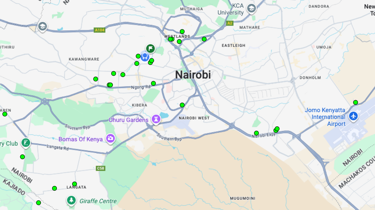 WiFi network coverage map across Nairobi showing multiple connected hotspots
